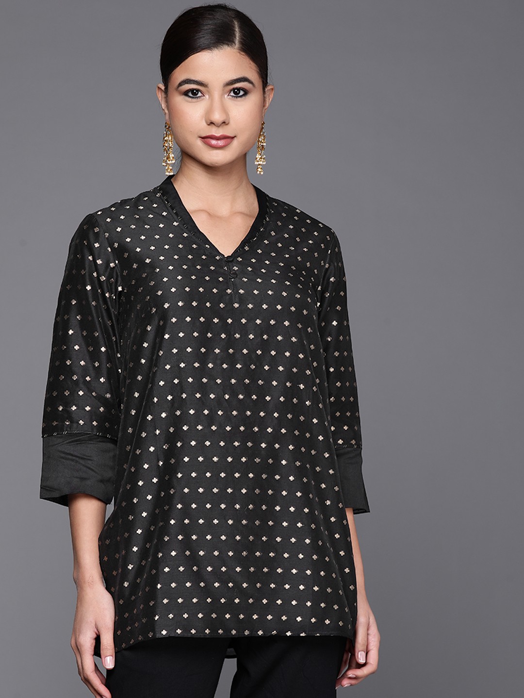 

Fabindia Black & Golden Ethnic Motifs Woven Design V-Neck Kurti