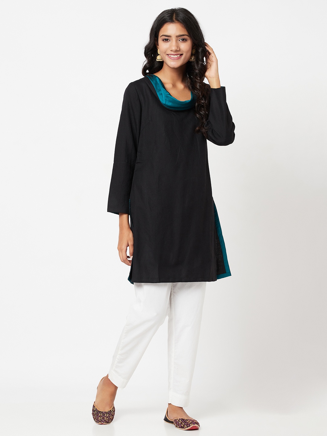

Fabindia Black Solid Winter Cowl Neck Tunic