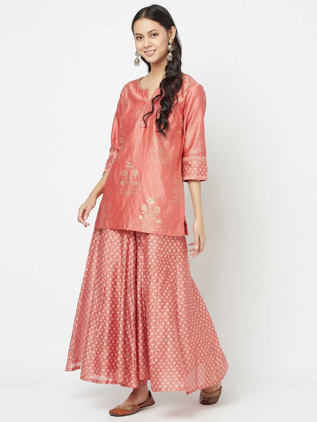 

Fabindia Women Pink & Beige Printed Tunic with Palazzos