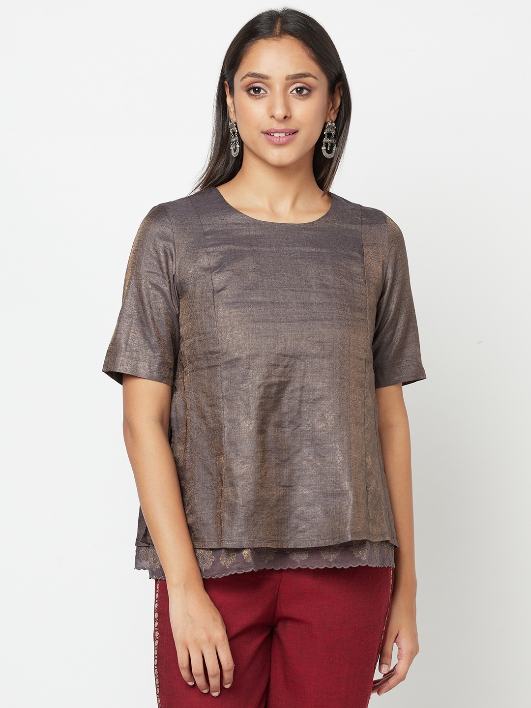 Fabindia Women Grey Solid Ethnic Top