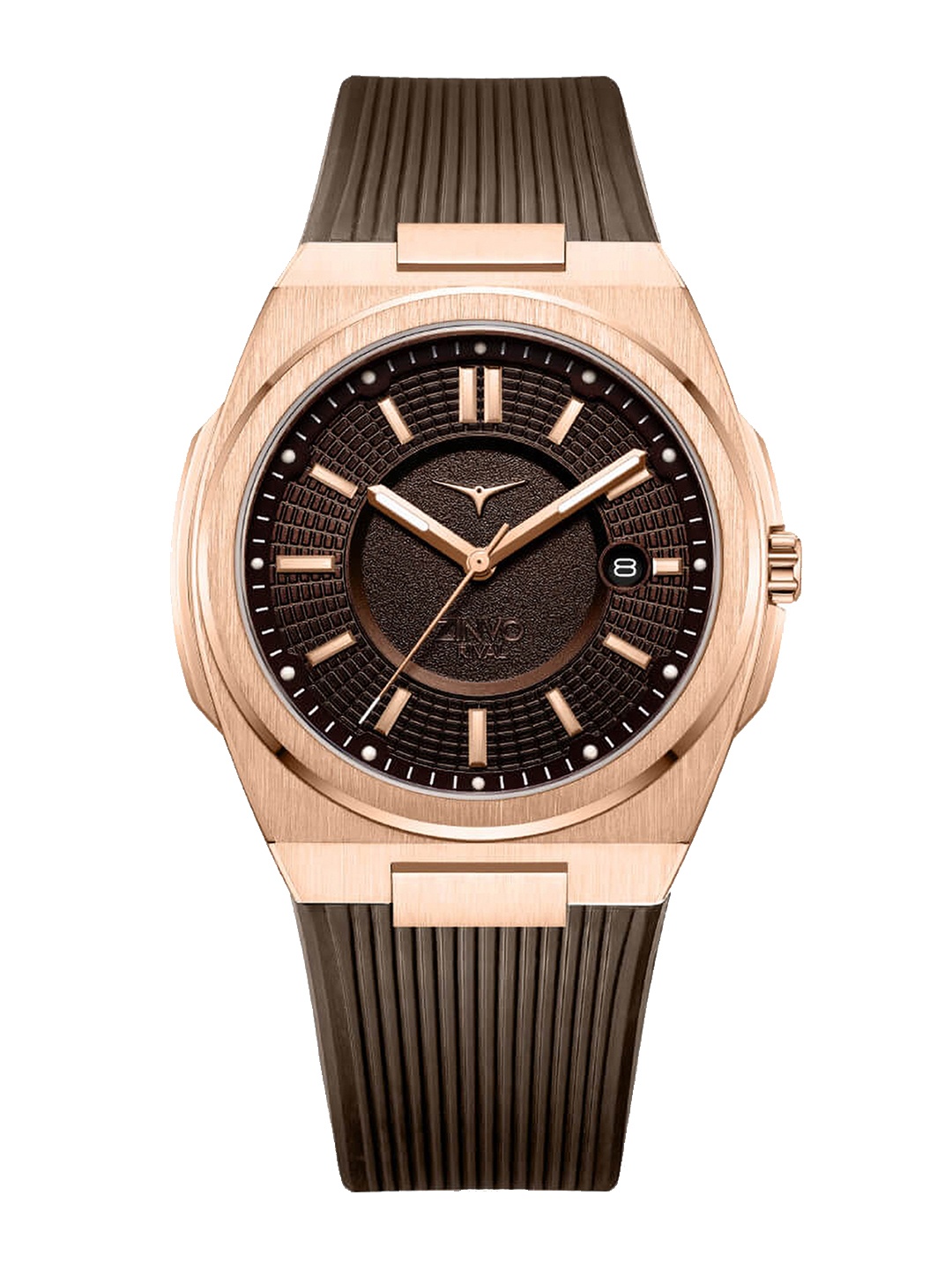 

ZINVO Men Brown Brass Dial & Rose Gold Toned Stainless Steel Bracelet Style Straps Analogue Watch 100-06