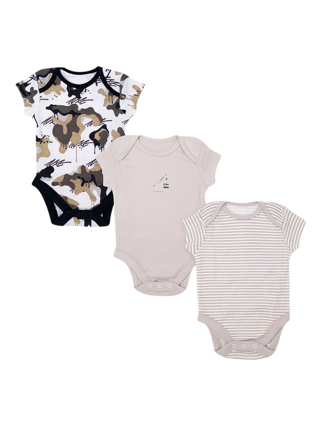 

The Boo Boo Club Infants Beige Pack of 3 Printed Cotton Bodysuits