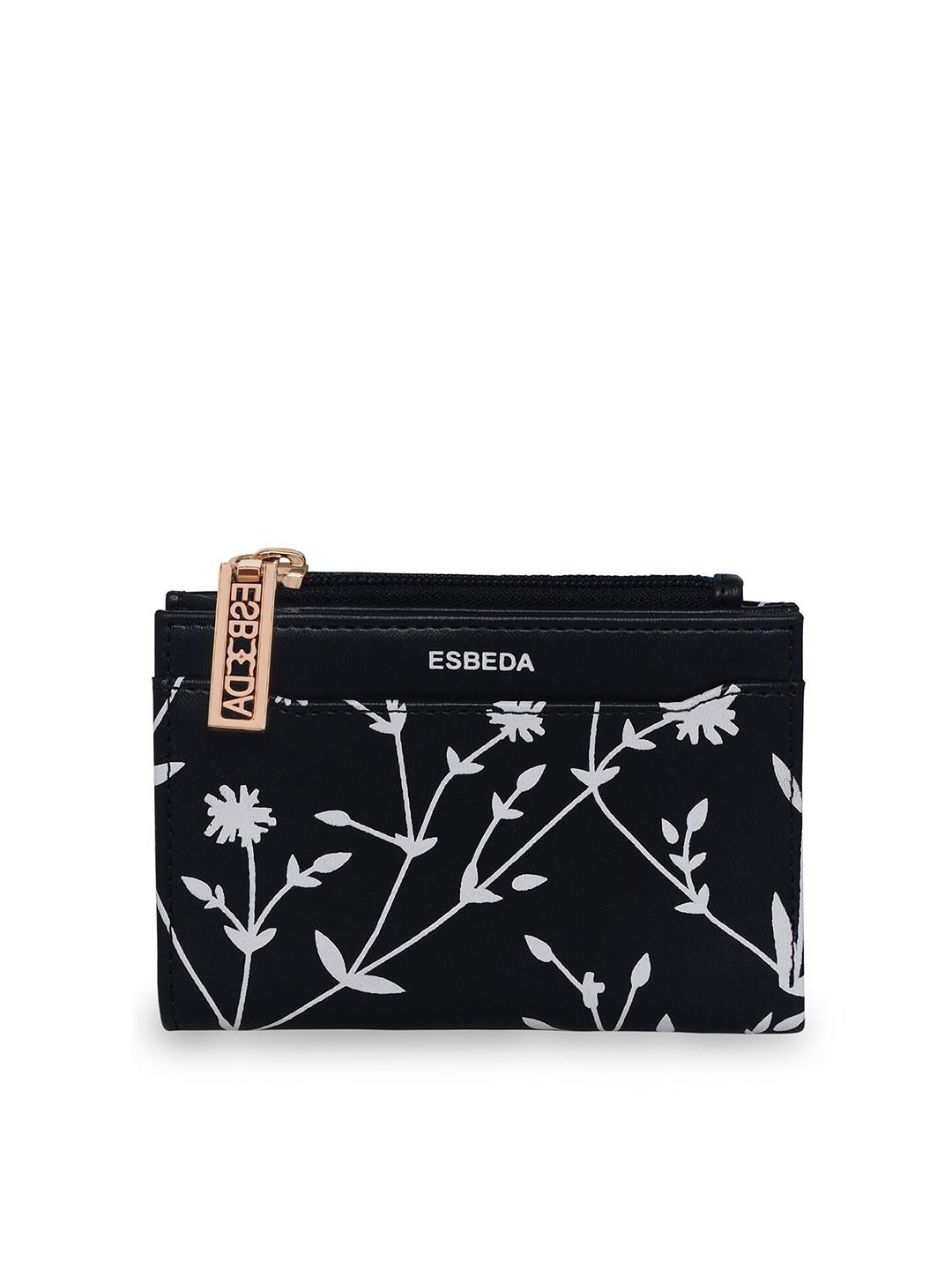 

ESBEDA Women Black & White Floral Printed Zip Detail Two Fold Wallet