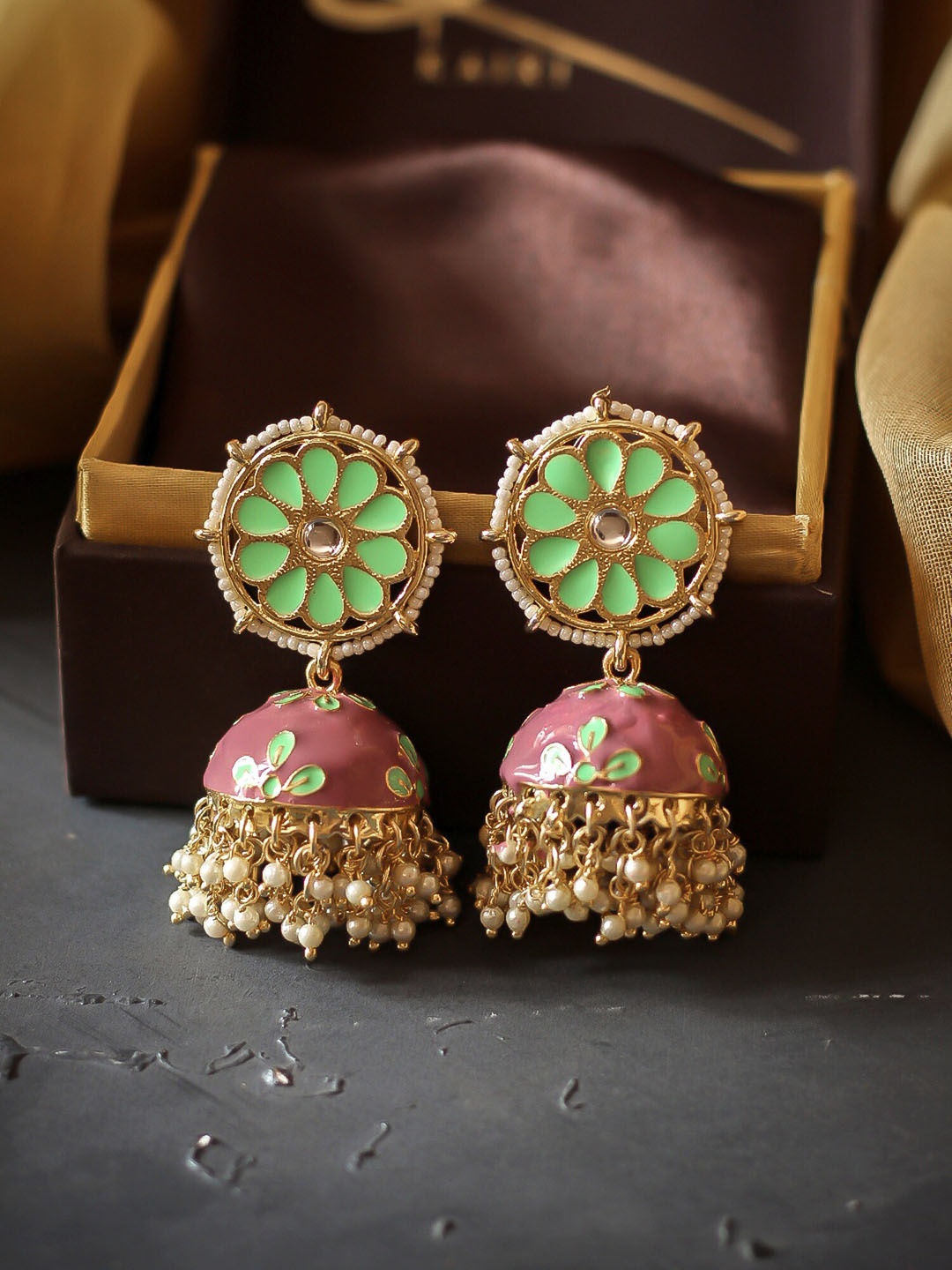 

Bellofox Green & Pink Geometric Jhumkas Earrings