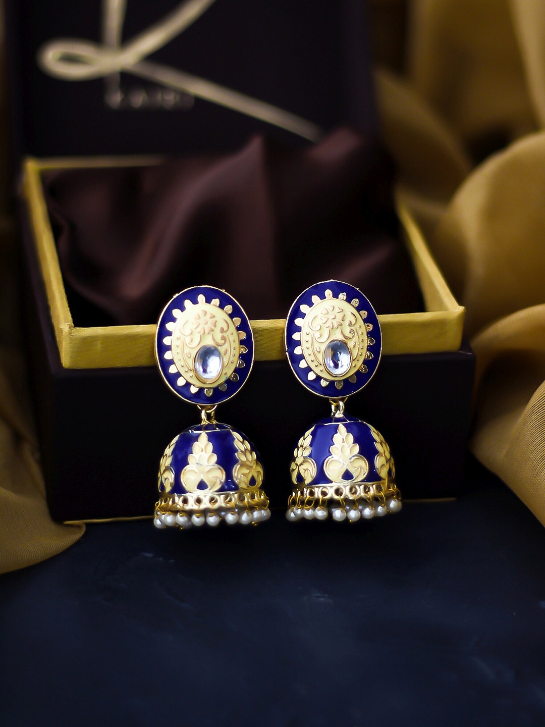 

Bellofox Blue & Gold-Toned Dome Shaped Jhumkas Earrings