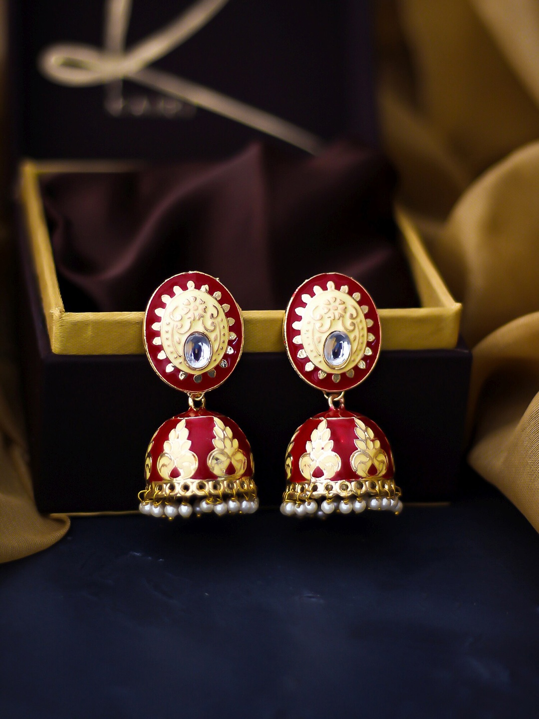 

Bellofox Gold-Toned & Maroon Meenakari Contemporary Jhumkas