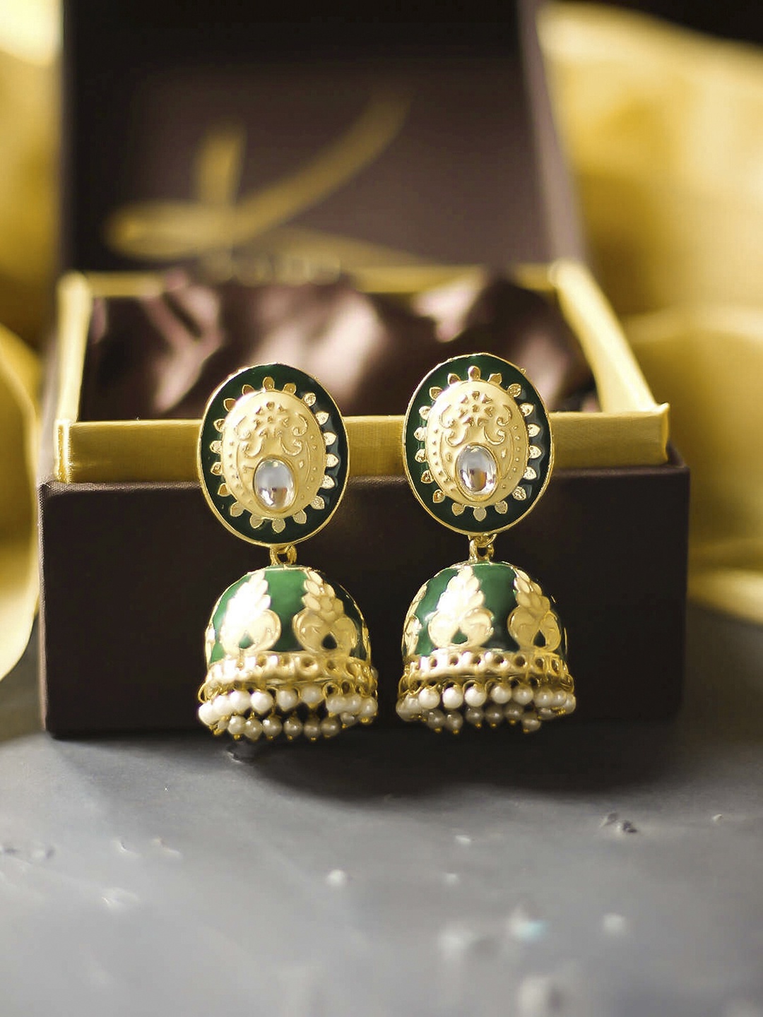 

Bellofox Green & Gold-Toned Contemporary Meenakari Jhumkas Earrings