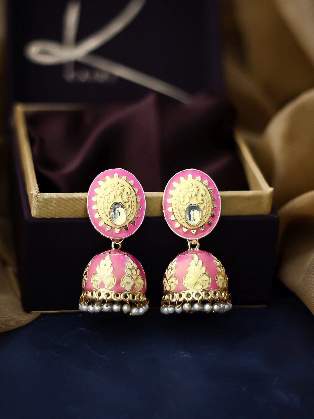 

Bellofox Pink Contemporary Meenakari Jhumka Earrings