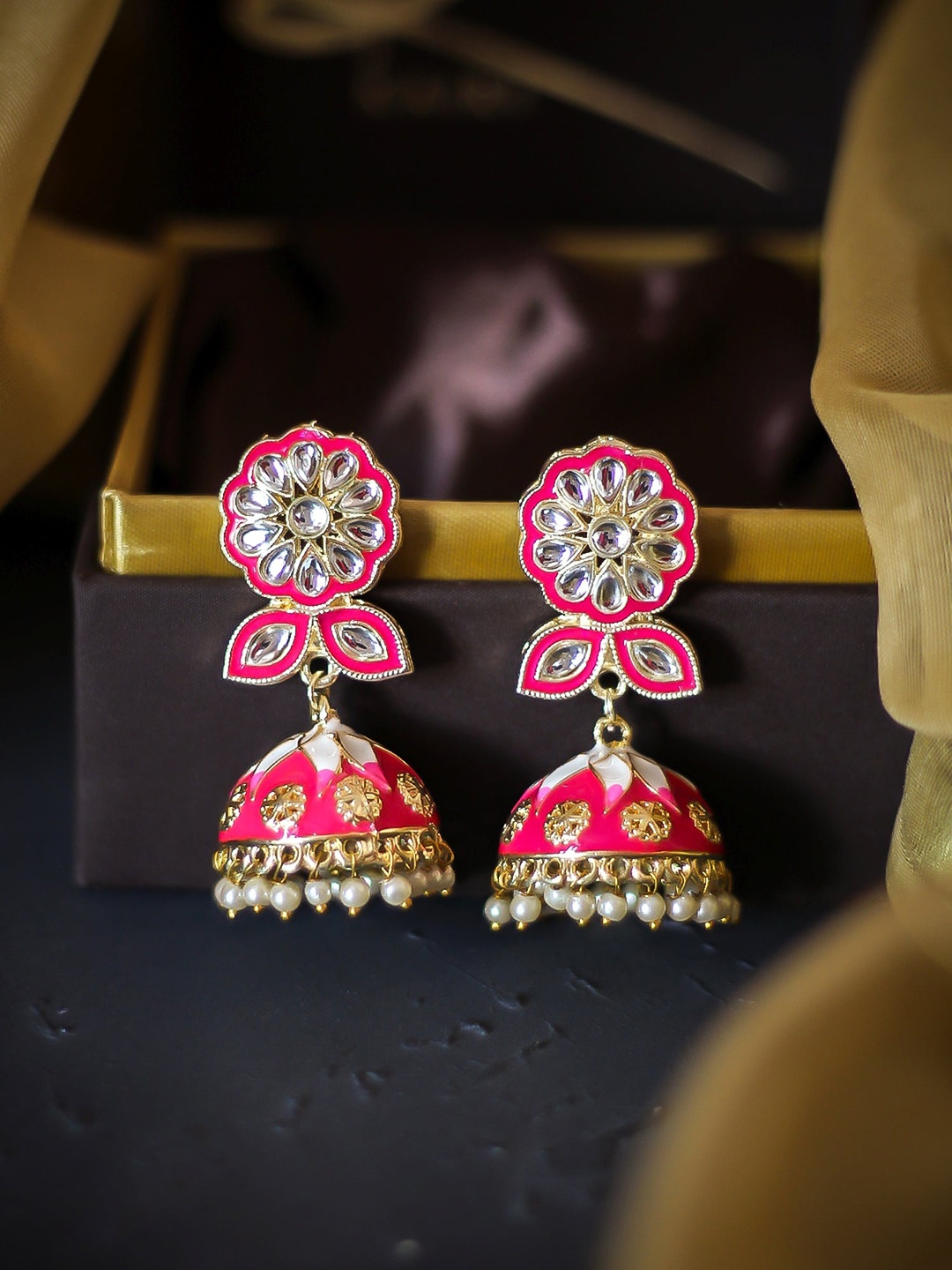 

Bellofox Pink Contemporary Meenakari Jhumkas Earrings