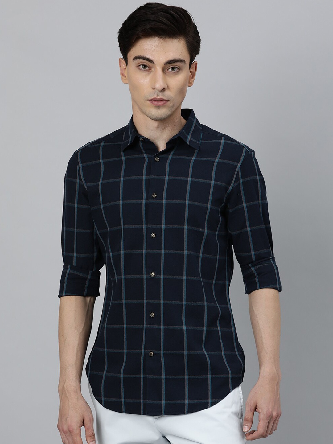 

RARE RABBIT Men Navy Blue Slim Fit Windowpane Checks Casual Shirt
