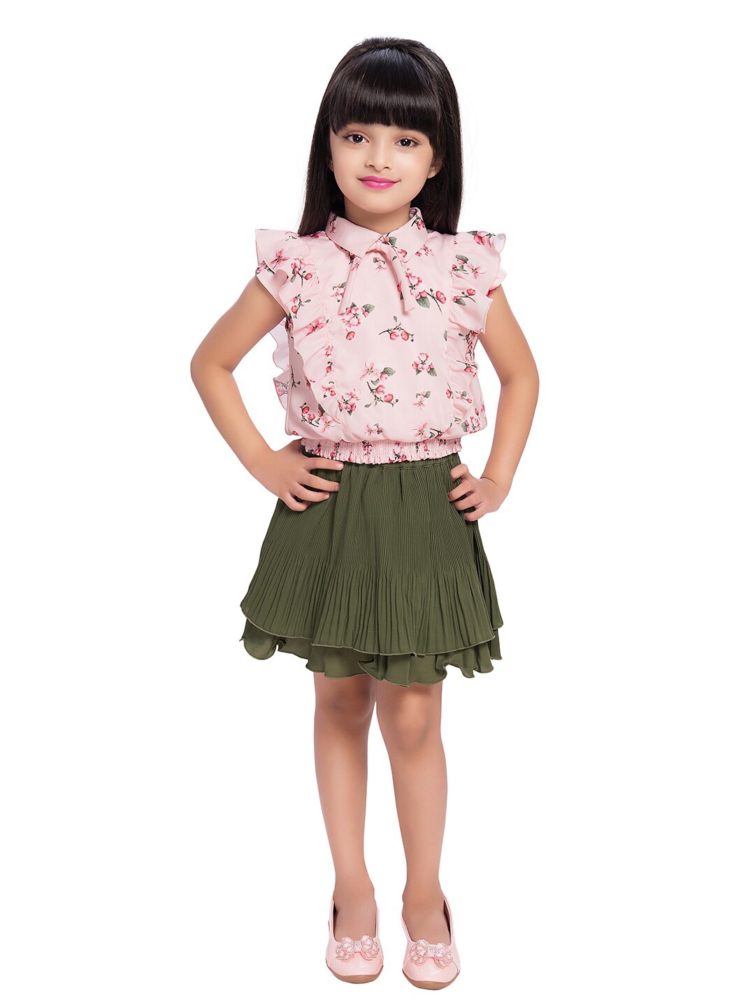 

Tiny Baby Girls Green & Pink Printed Top With Skirt