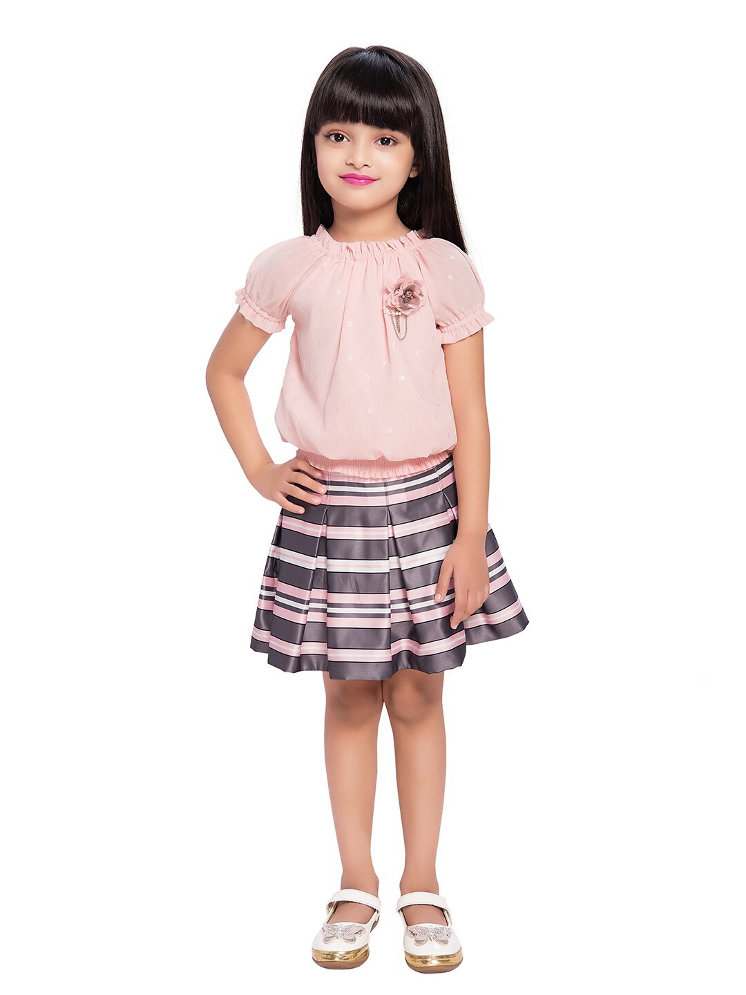 

Tiny Baby Girls Pink & Grey Printed Top with Skirt