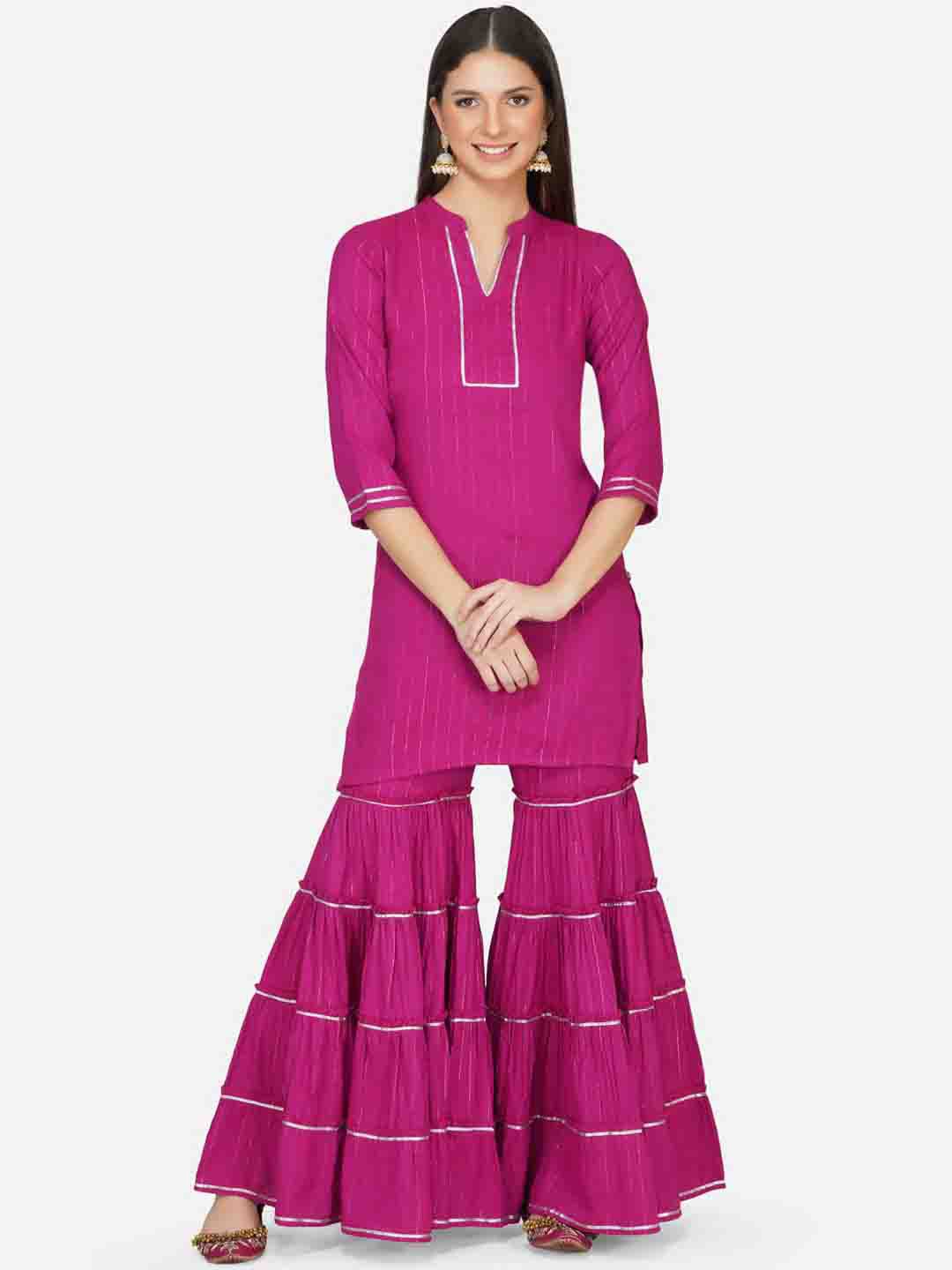 

FABNEST Women Pink Striped Regular Kurti with Sharara & With Dupatta