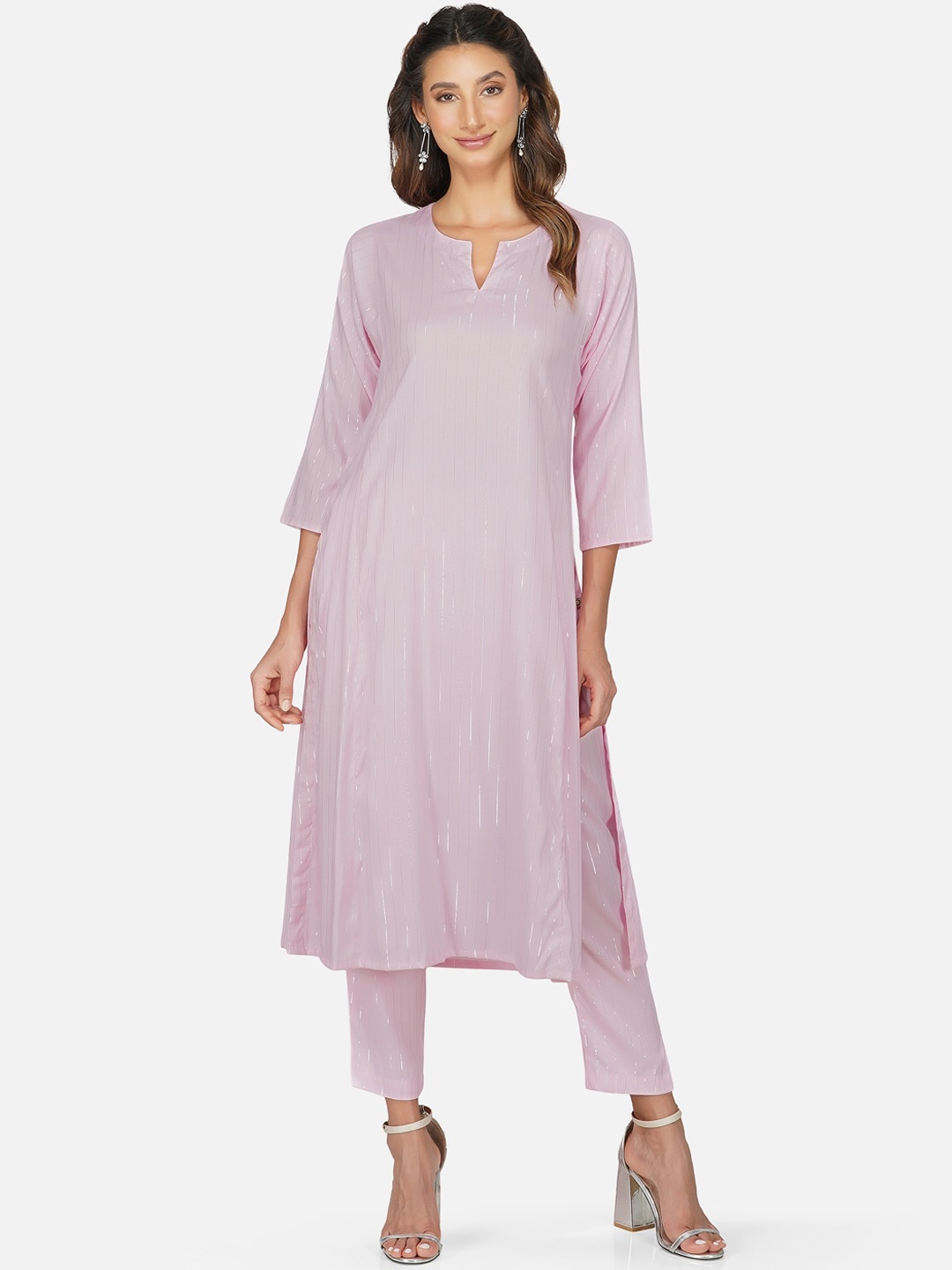 

FABNEST Women Lavender Printed Regular Kurta with Trousers