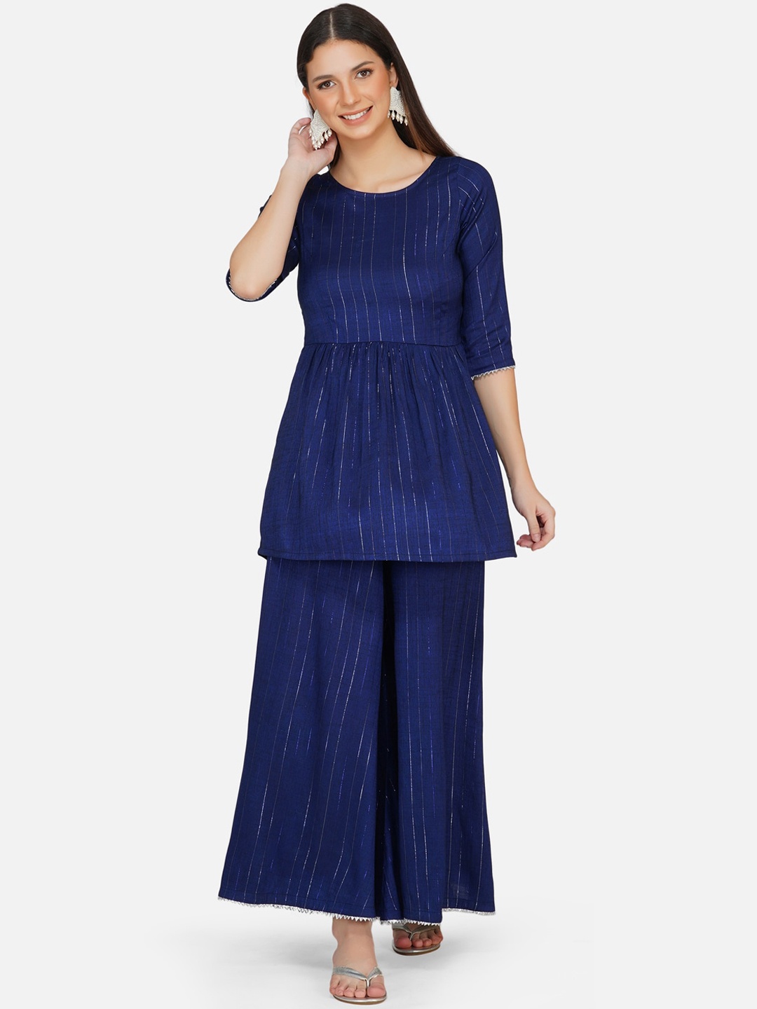 

FABNEST Women Blue Striped High Slit Kurti with Palazzos