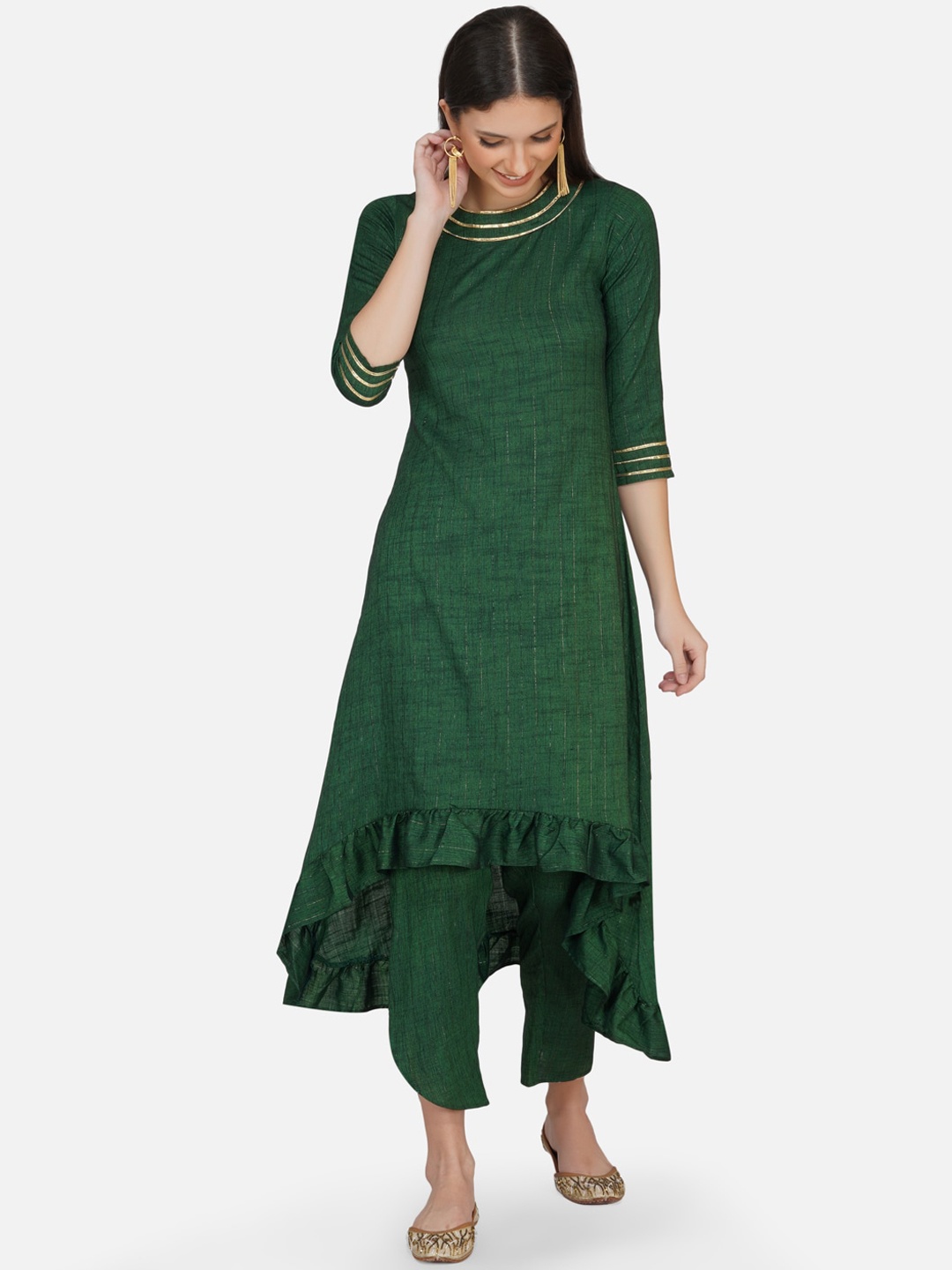 

FABNEST Women Green Striped Regular Kurti with Trousers