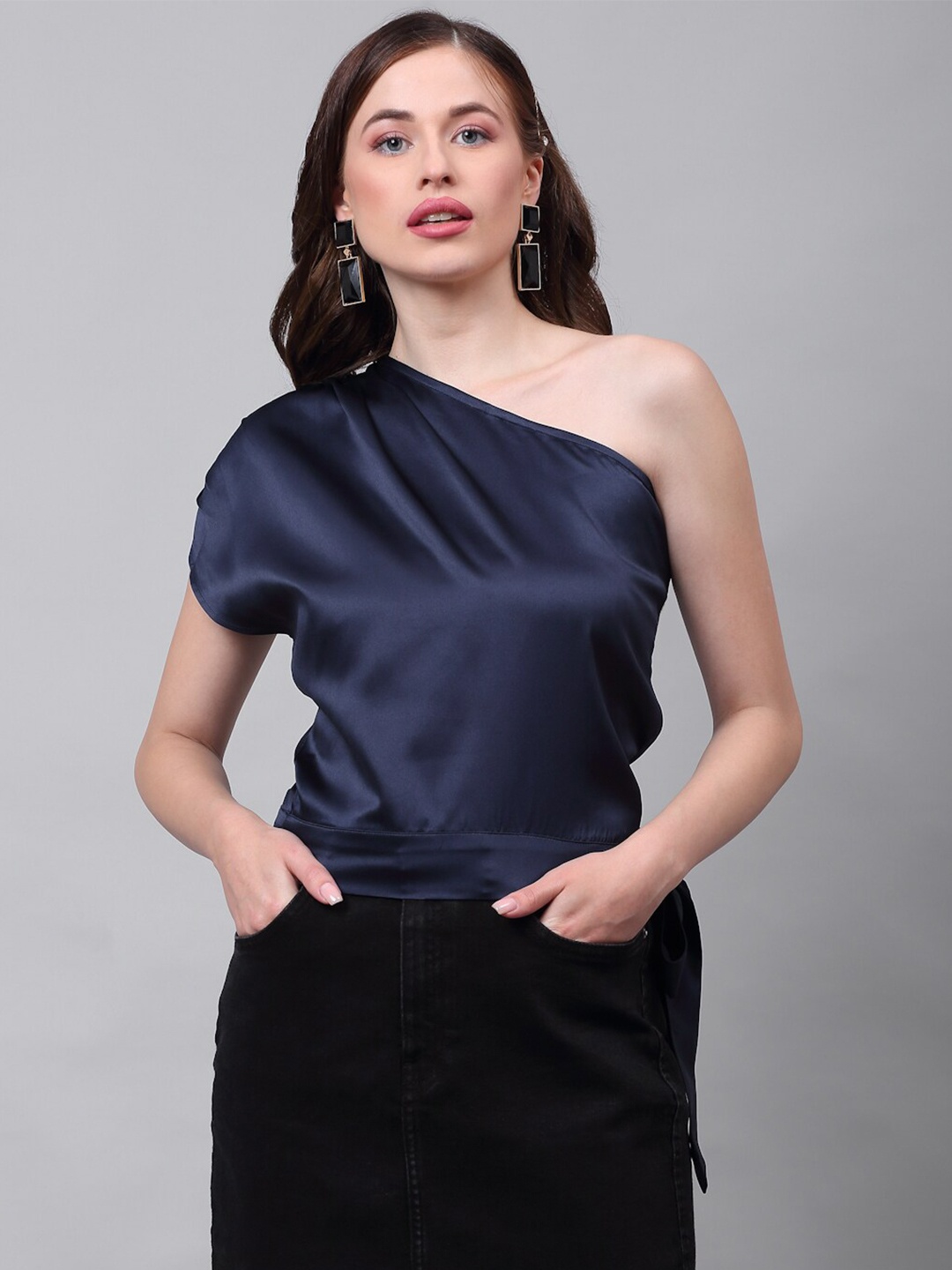 

NEUDIS Women Navy Blue Sheen Satin Regular Top