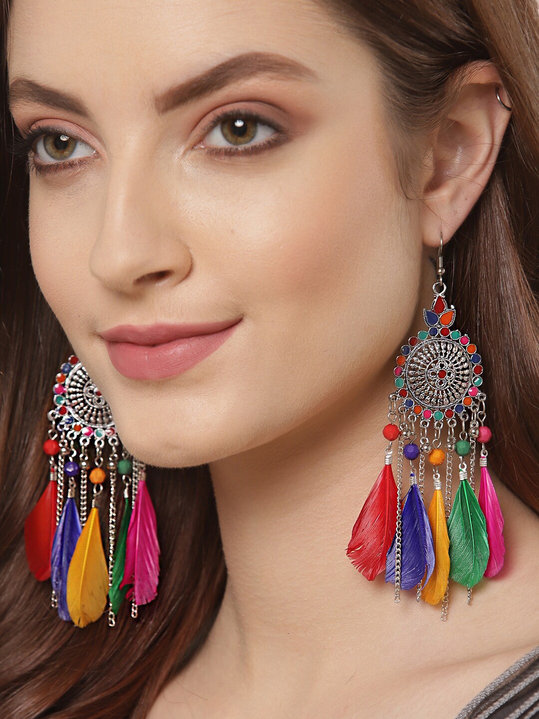 

Shining Diva Multicoloured Oxidised Feather Drop Earrings, Multi