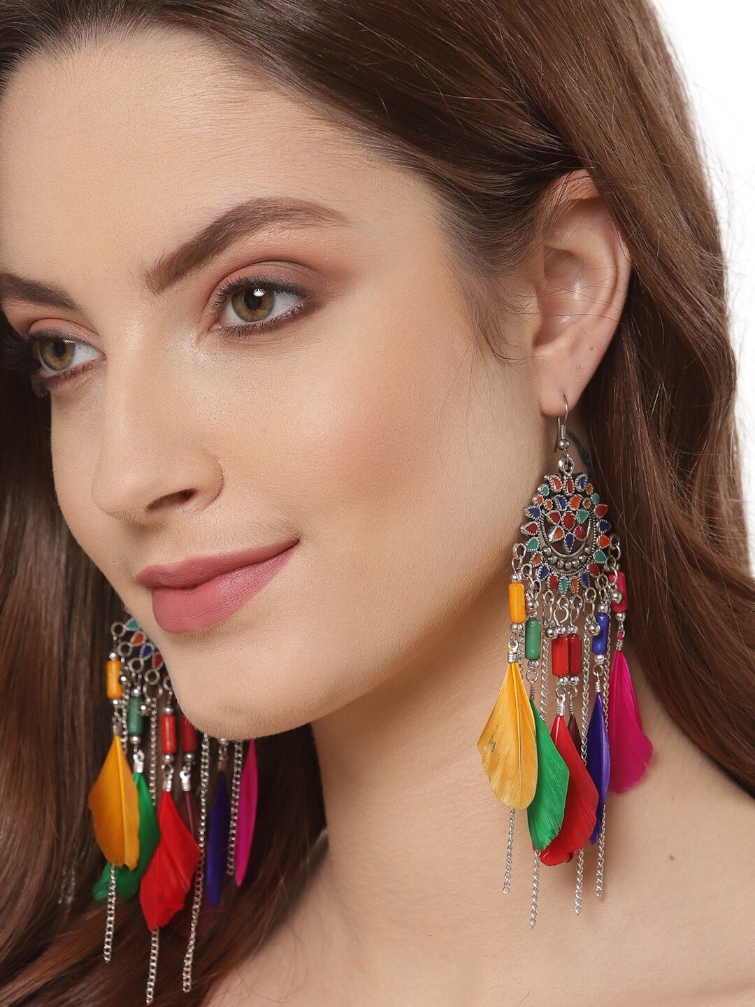 

Shining Diva Multicoloured Feather Drop Earrings, Multi