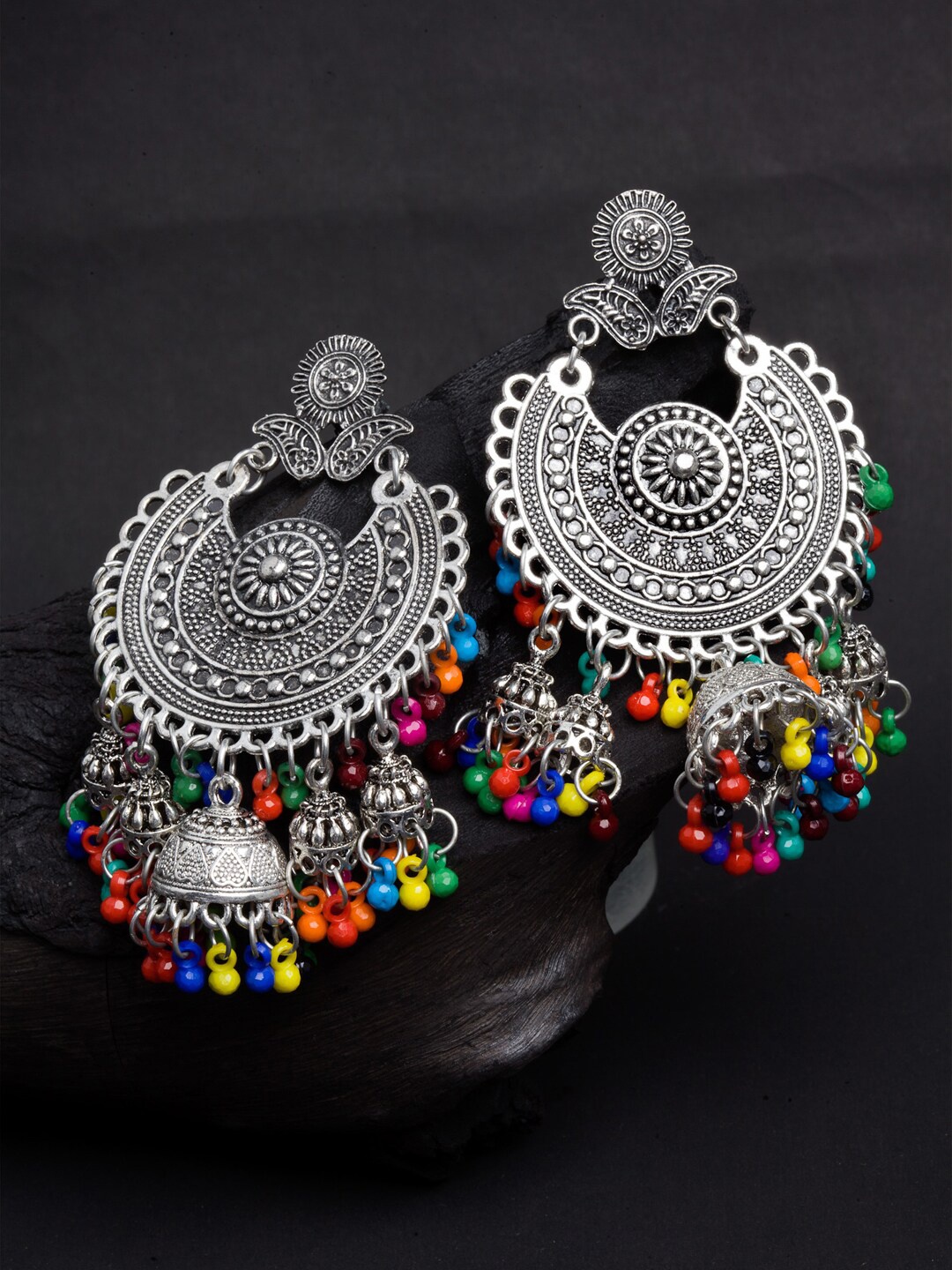 

Shining Diva Silver Plated Multicoloured Oxidised Jhumkas Earrings, Multi