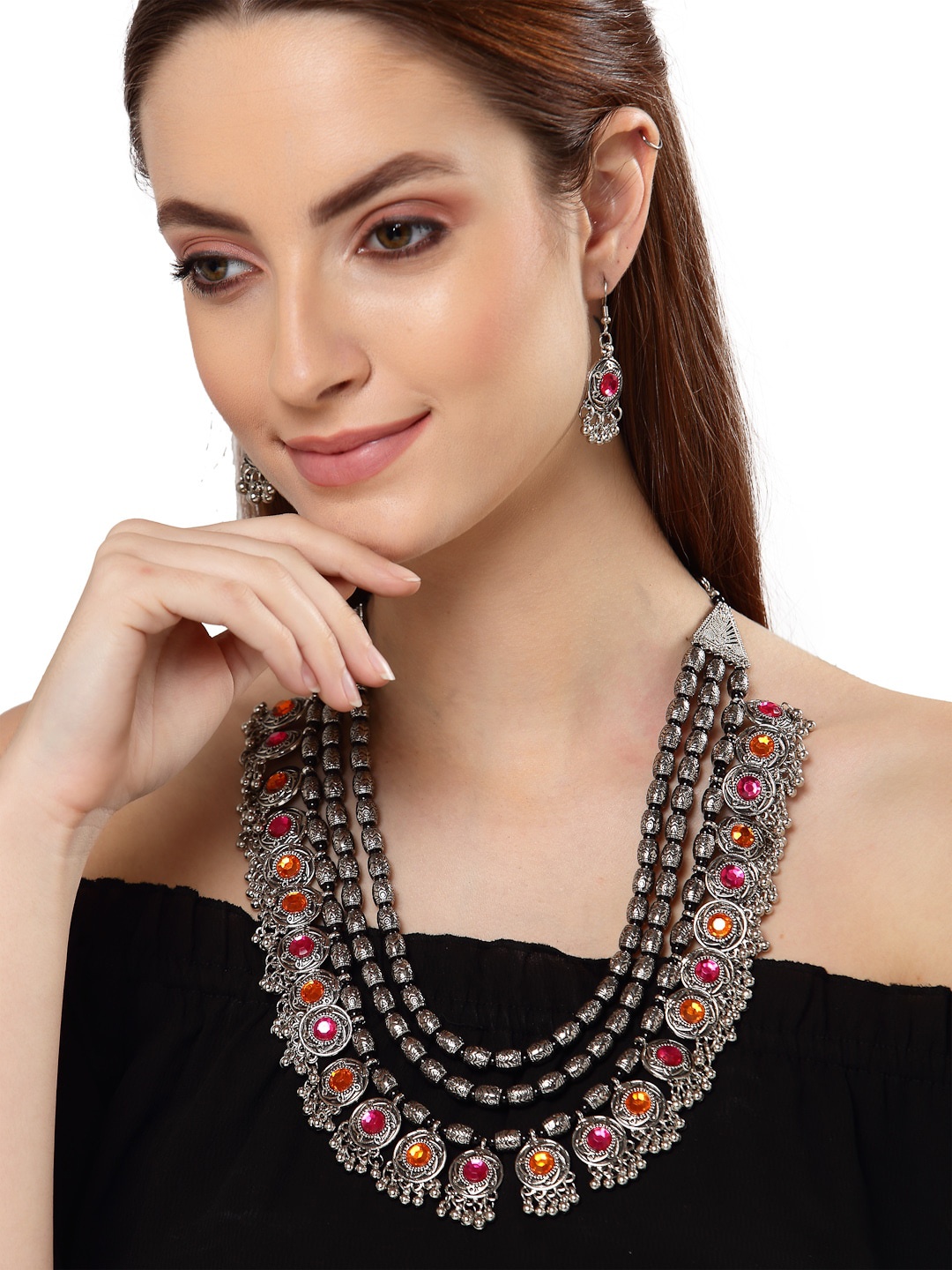 

Shining Diva Oxidised Silver-Plated Pink & Orange Stone-Studded Jewellery Set