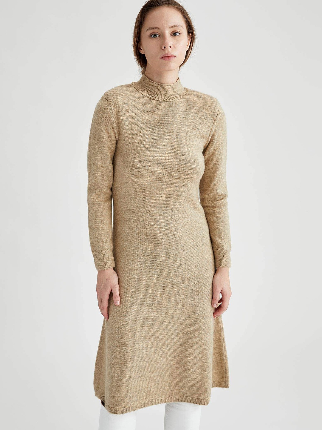 

DeFacto Women Beige Self-Design Sweater Dress