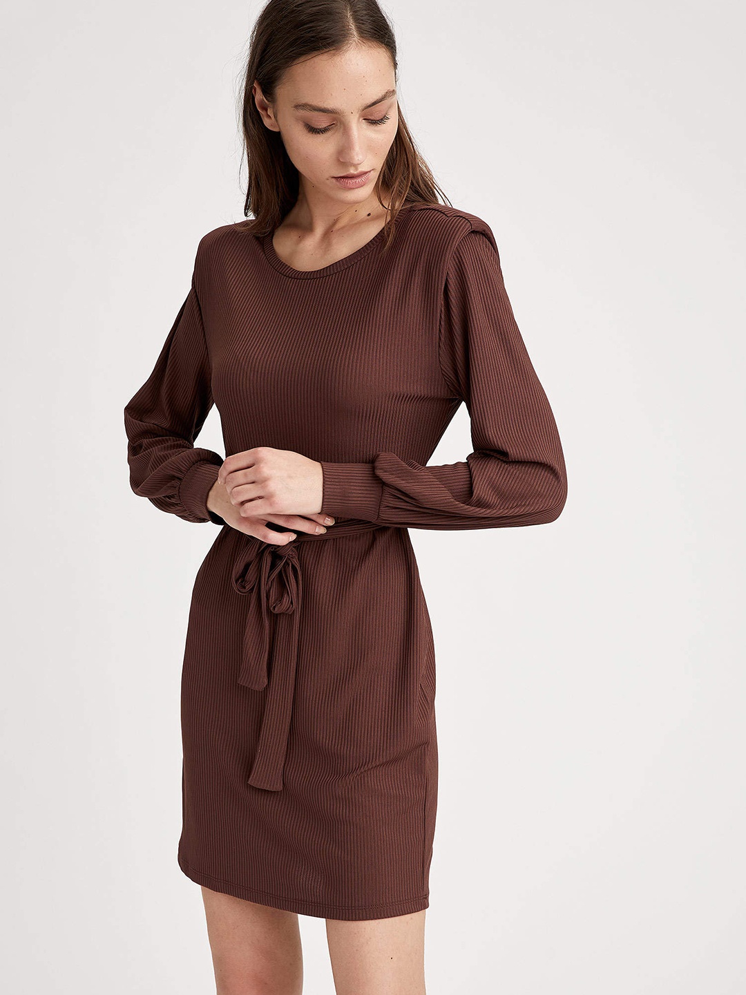 

DeFacto Women Brown Striped Sheath Dress
