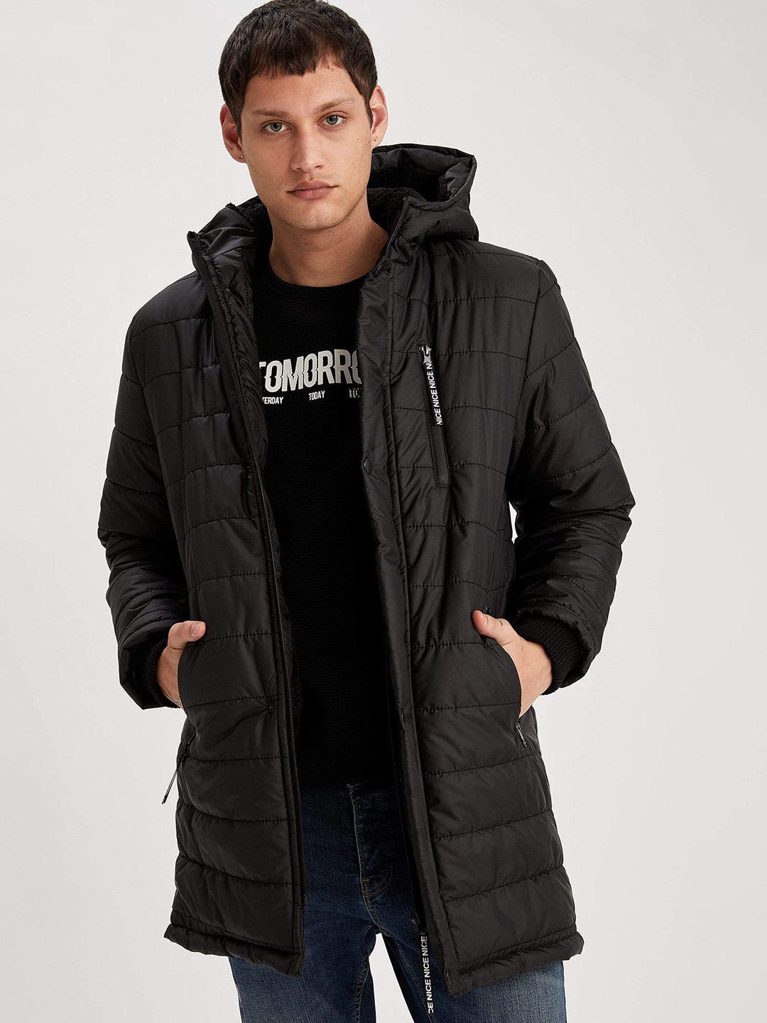 

DeFacto Men Black Solid Hooded Overcoat