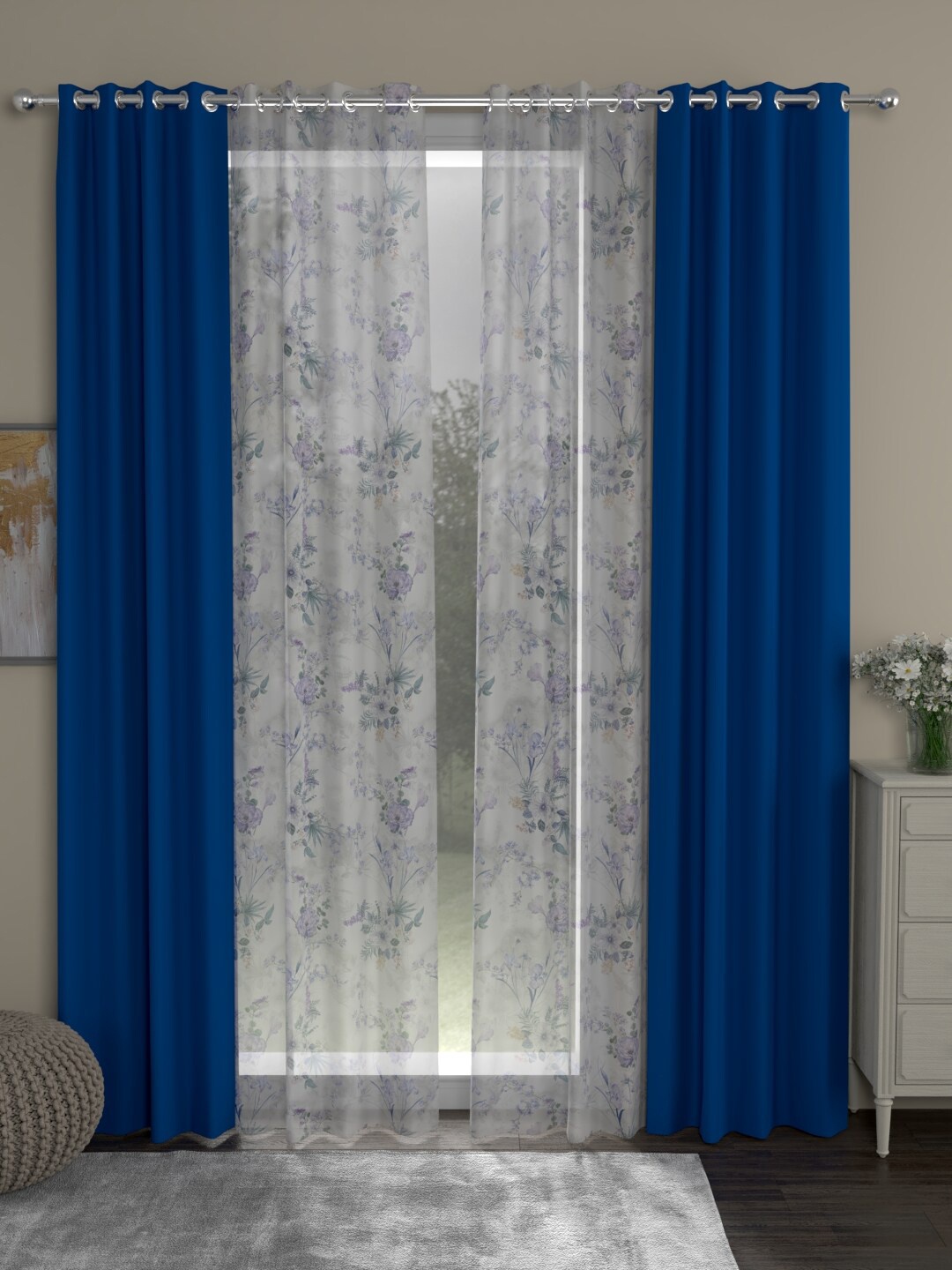 ROSARA HOME Blue & White Set of 4 Sheer Long Door Curtain