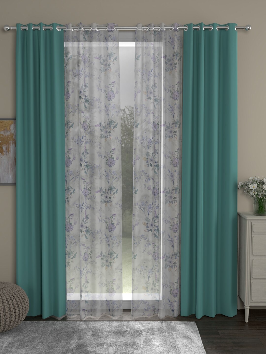 

ROSARA HOME Sea Green & Grey Set of 4 Black Out Long Door Curtain