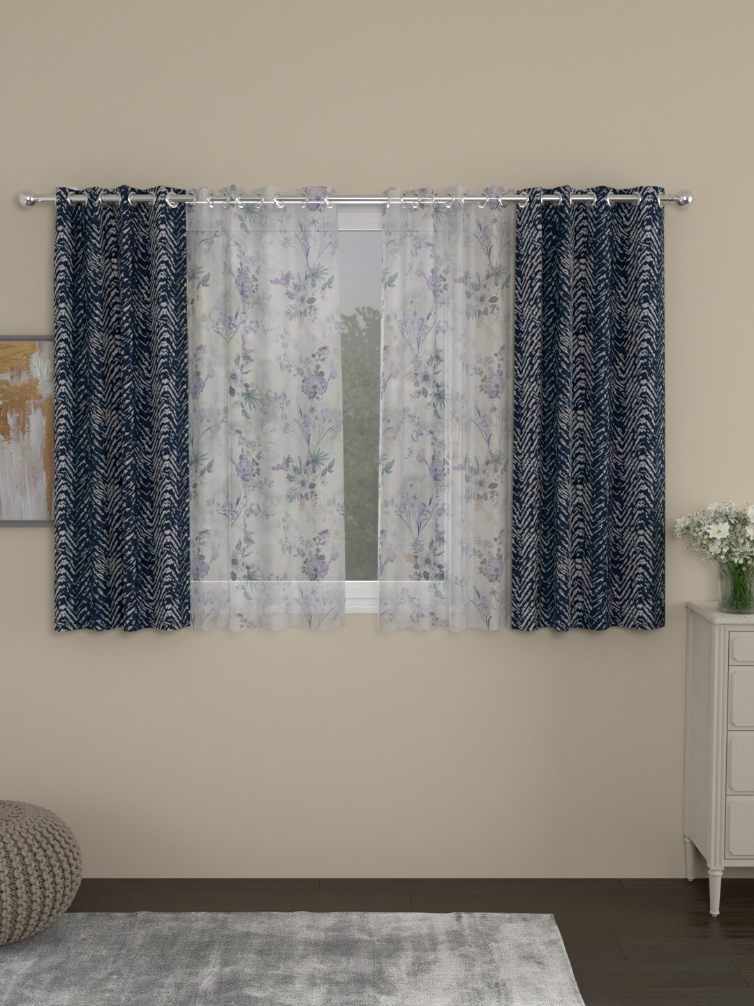 

ROSARA HOME Navy Blue & White Set of 4 Floral Window Curtain