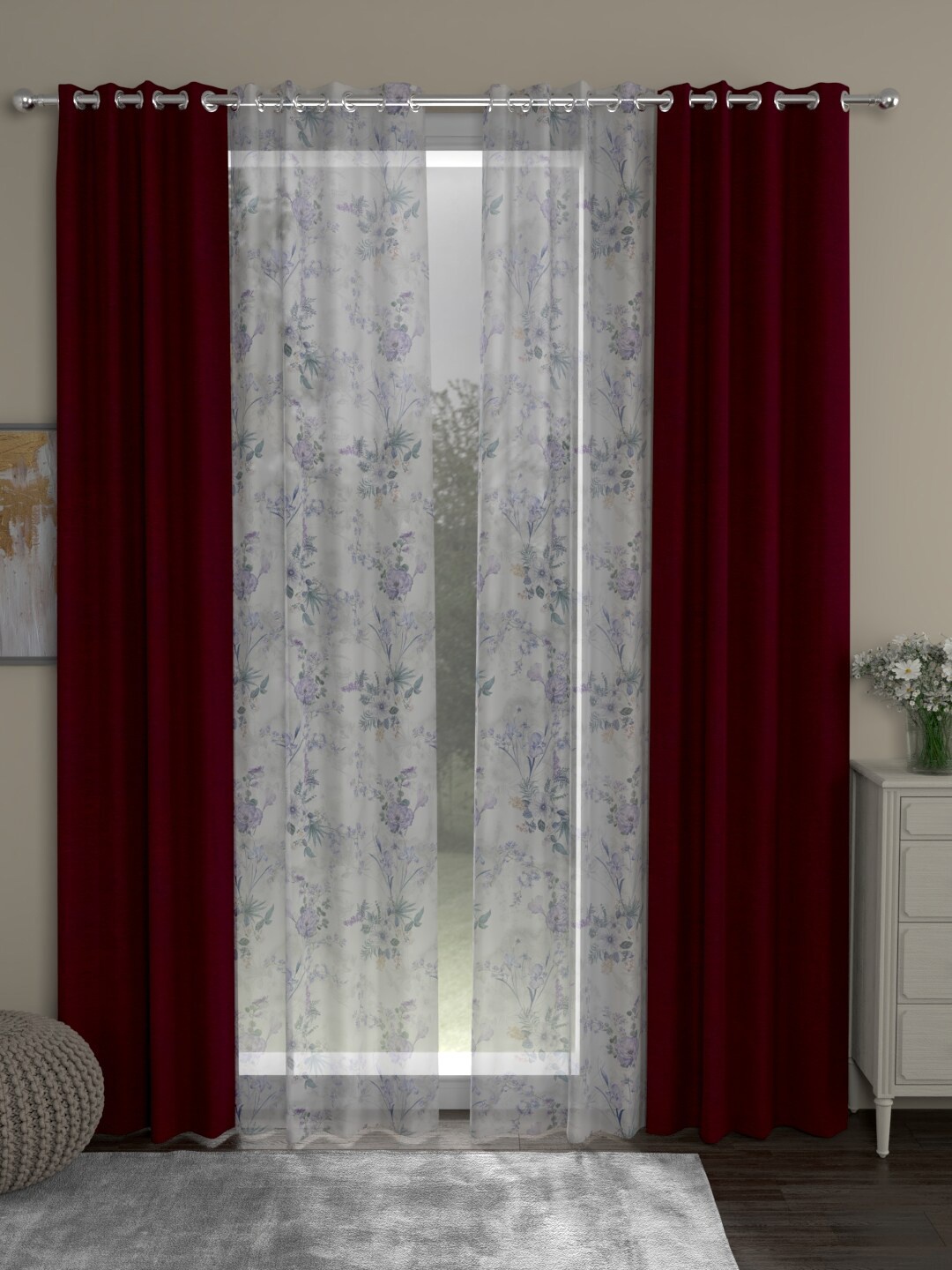 

ROSARA HOME Maroon & White Set of 4 Room Darkening Door Curtain