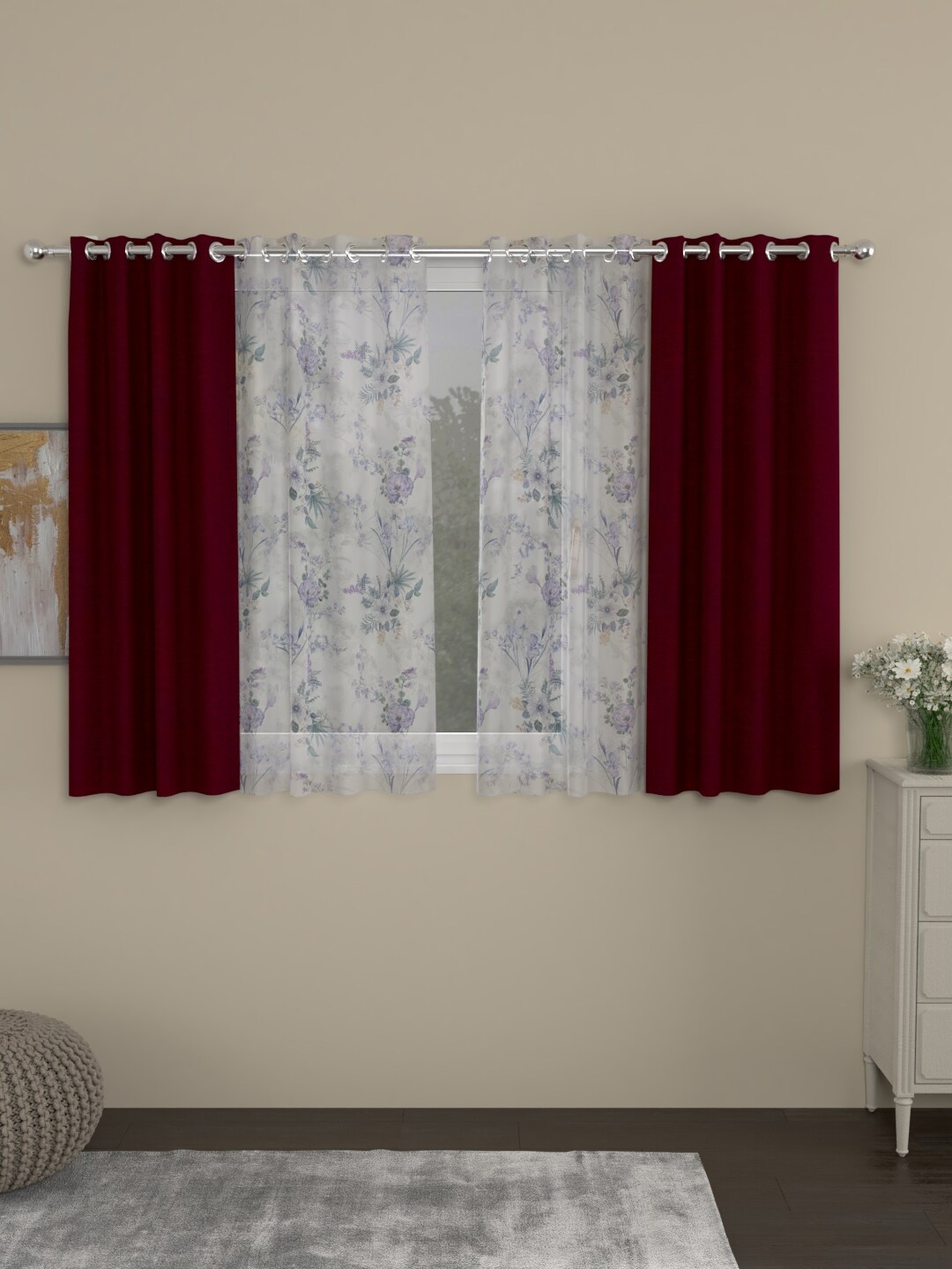 

ROSARA HOME Set of 4 Maroon & White Room Darkening Window Curtain