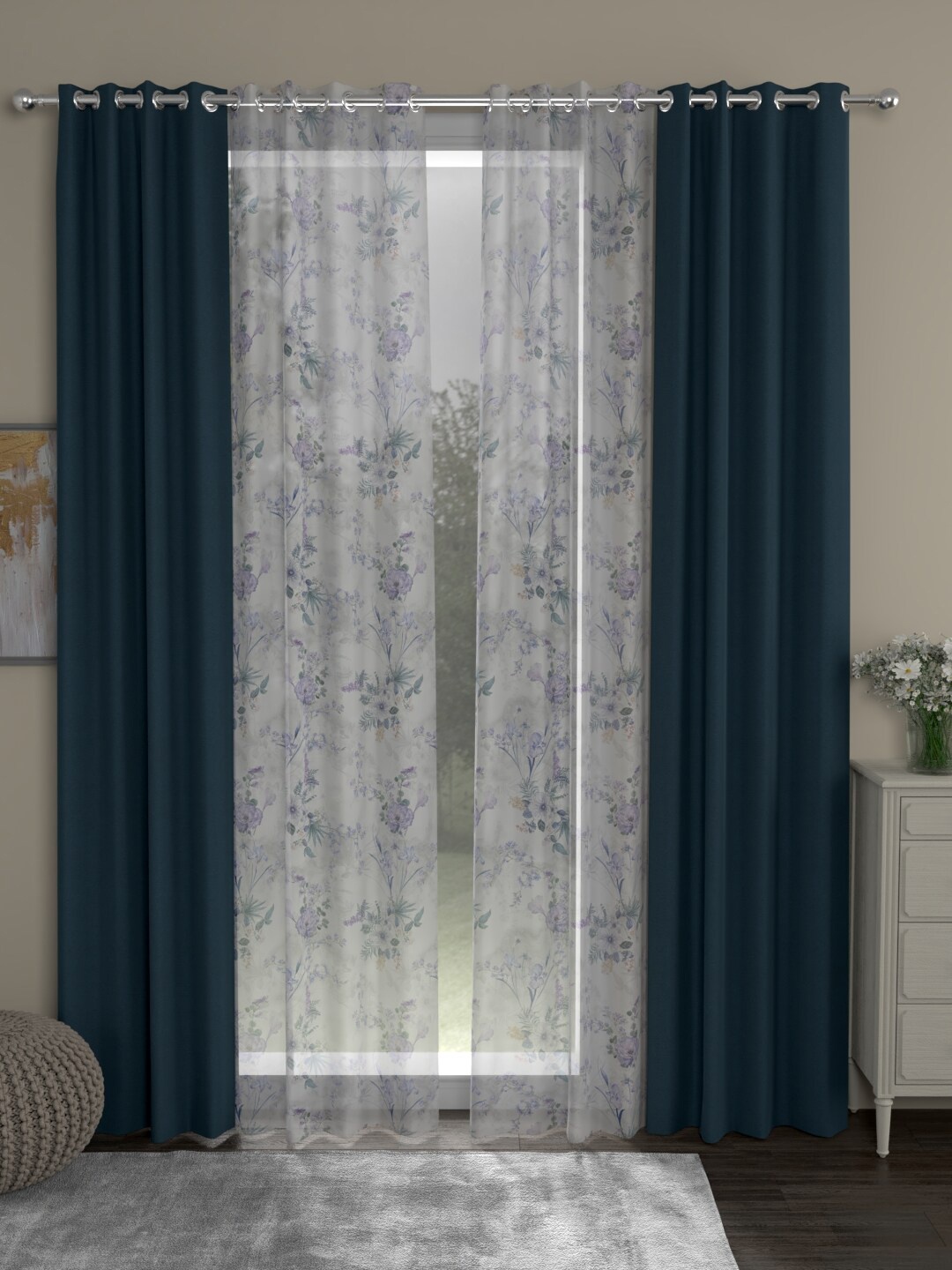 

ROSARA HOME Navy Blue & White Set of 4 Door Curtains