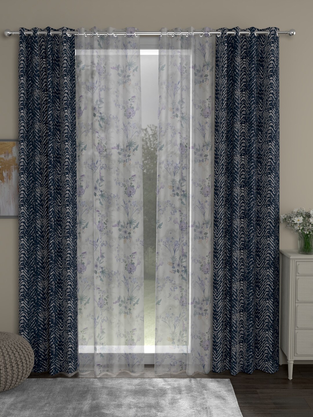 

ROSARA HOME Navy Blue & Grey Set of 4 Floral Door Curtain