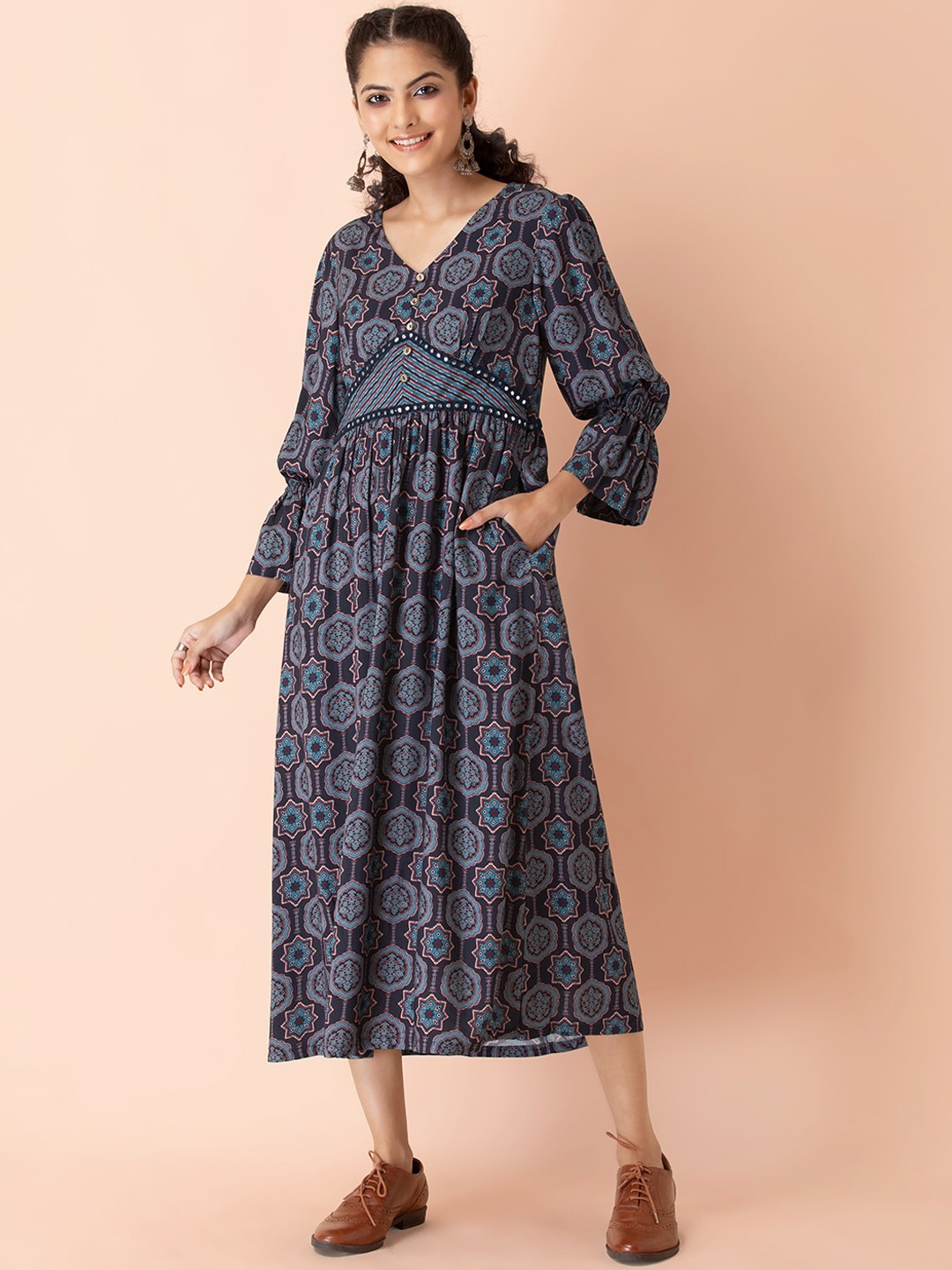 

Earthen BY INDYA Women Navy Blue Ajrakh Printed A-Line Dress