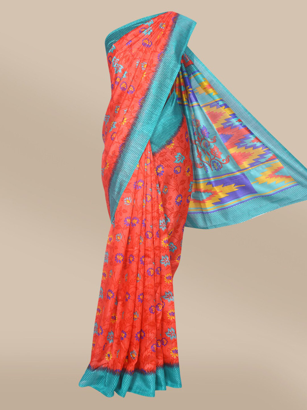 

The Chennai Silks Red & Blue Floral Fusion Bhagalpuri Saree