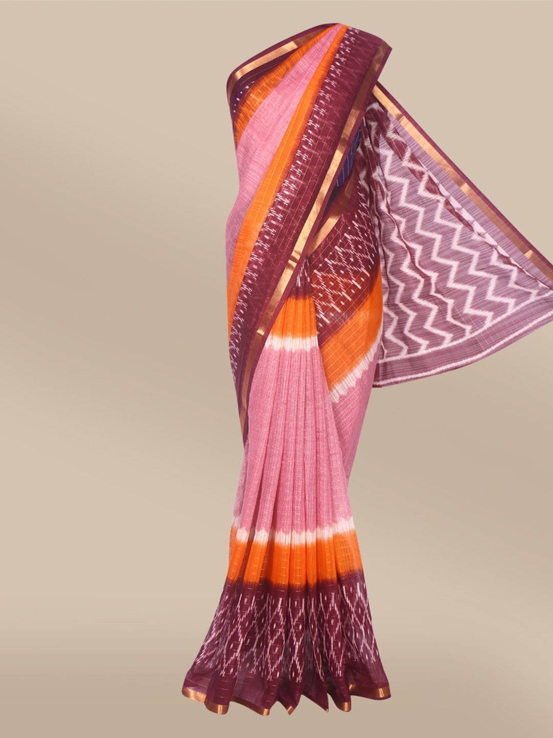 

The Chennai Silks Pink & Brown Ethnic Motifs Fusion Bhagalpuri Saree