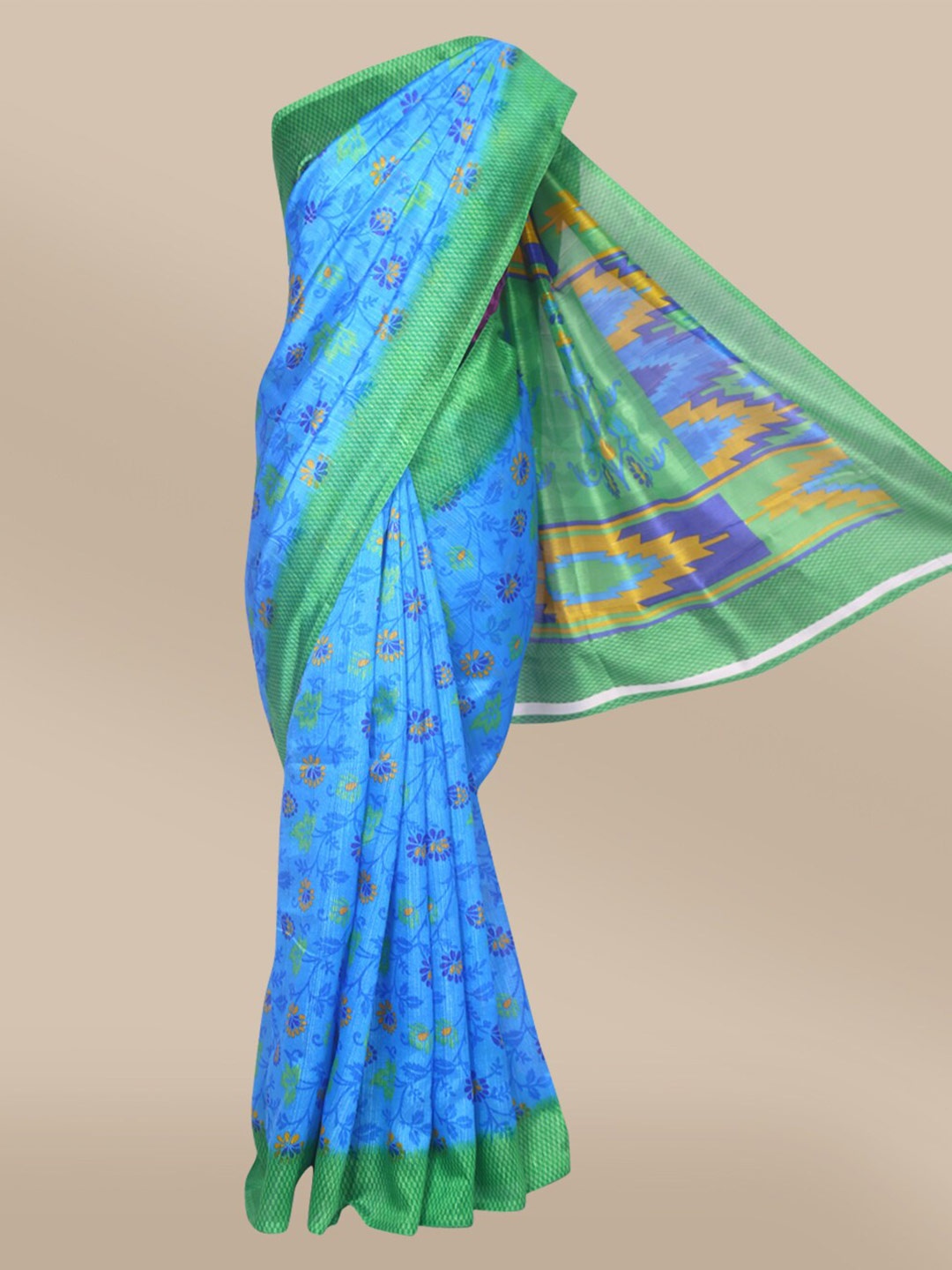 

The Chennai Silks Blue & Green Floral Fusion Bhagalpuri Saree