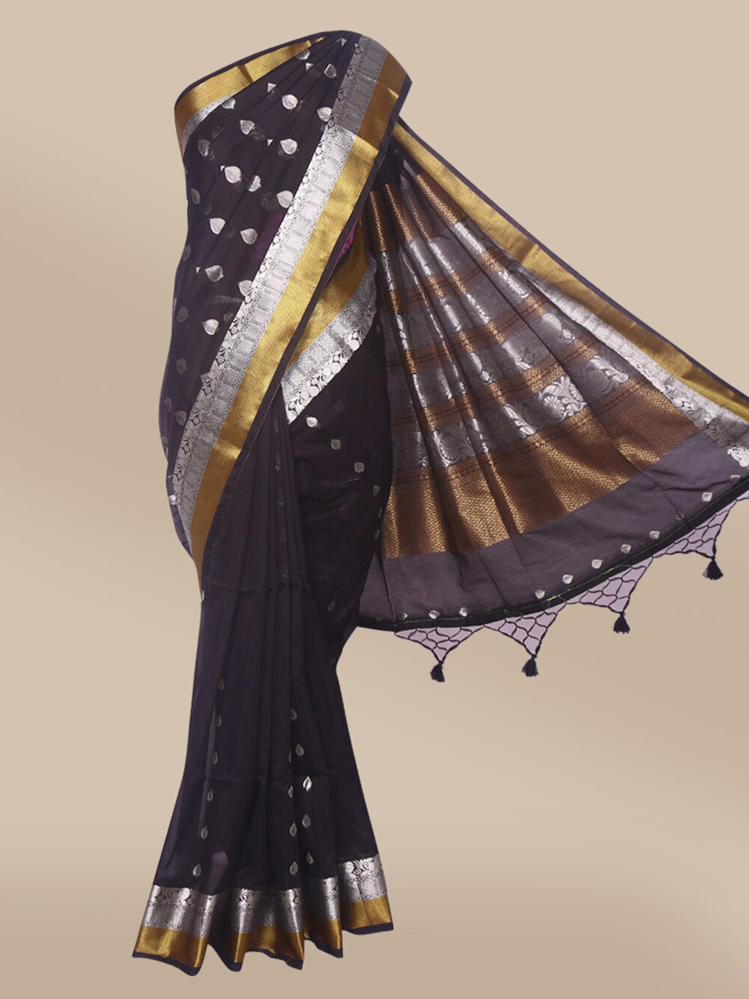 

The Chennai Silks Black & Silver-Toned Woven Design Zari Silk Cotton Maheshwari Saree
