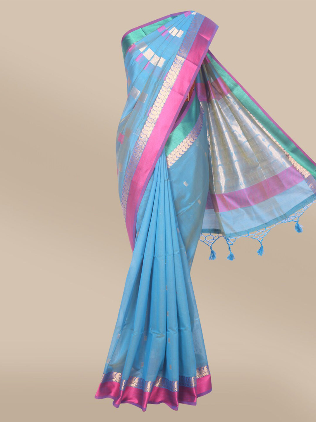 

The Chennai Silks Blue & Purple Ethnic Motifs Zari Silk Cotton Maheshwari Saree