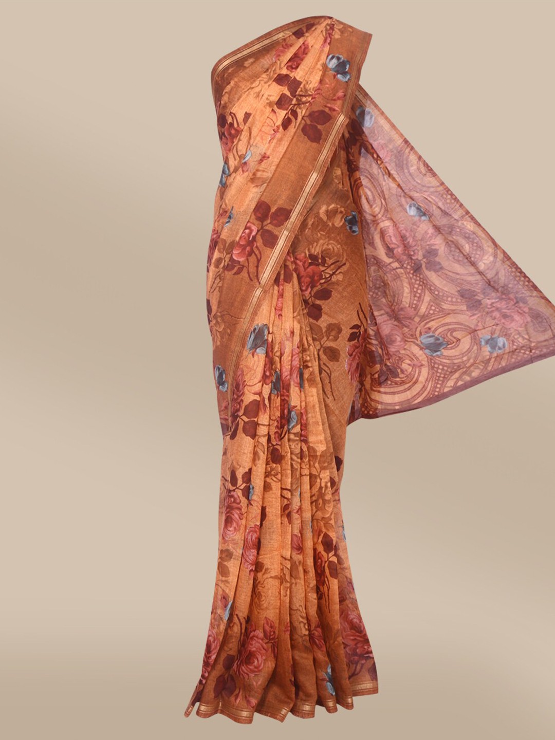 

The Chennai Silks Rust & Blue Floral Zari Fusion Bhagalpuri Saree