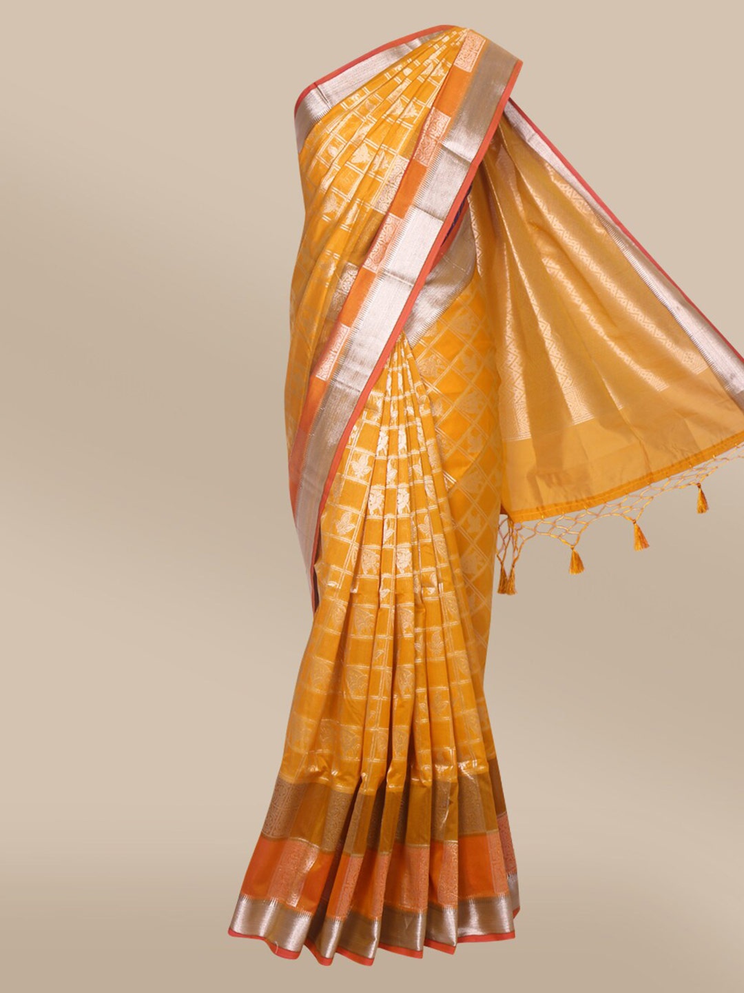 

The Chennai Silks Yellow & Silver Ethnic Motifs Silk Cotton Maheshwari Saree