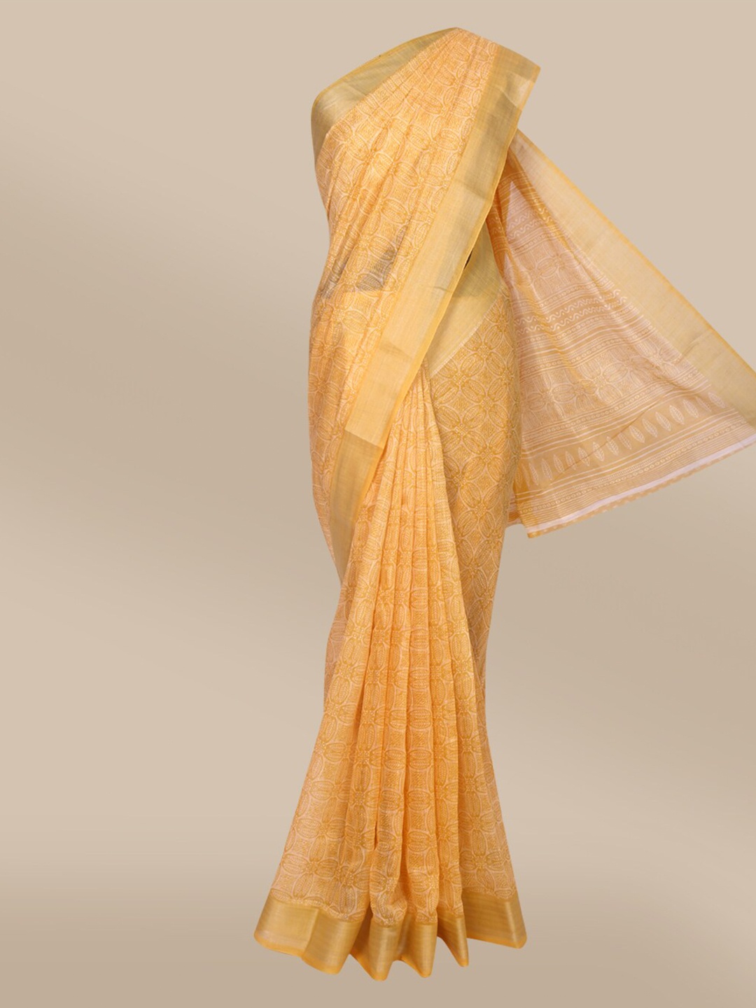 

The Chennai Silks Yellow & Gold-Toned Zari Fusion Bhagalpuri Saree