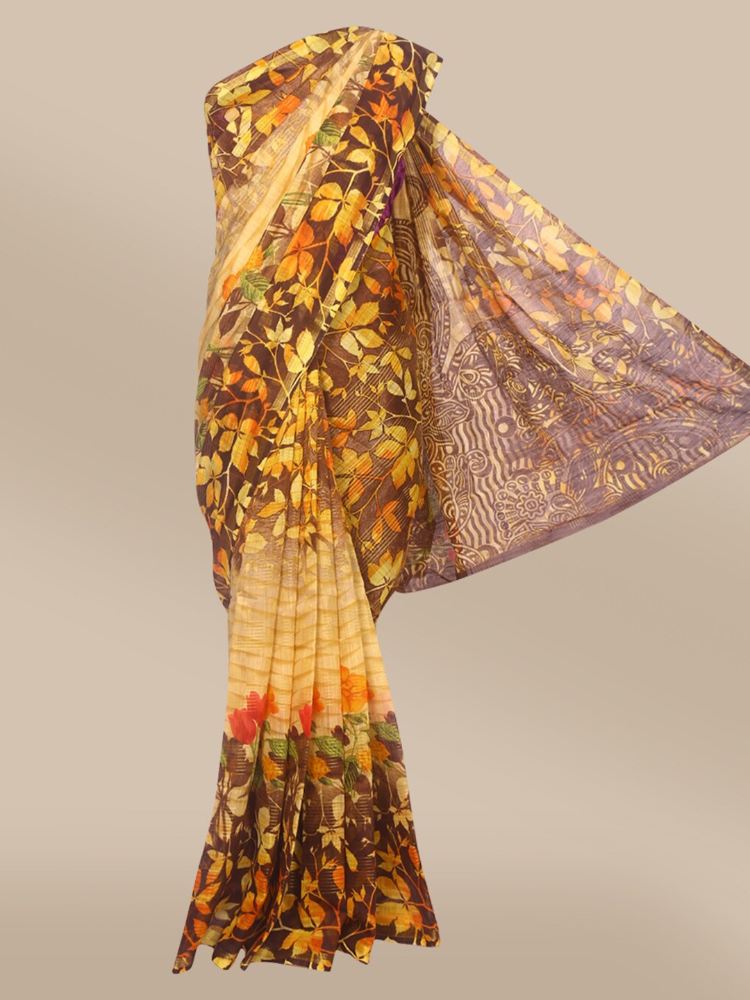 

The Chennai Silks Beige & Yellow Floral Fusion Bhagalpuri Saree