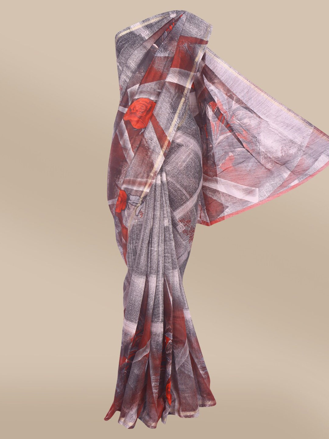 

The Chennai Silks Grey & Maroon Floral Bhagalpuri Saree