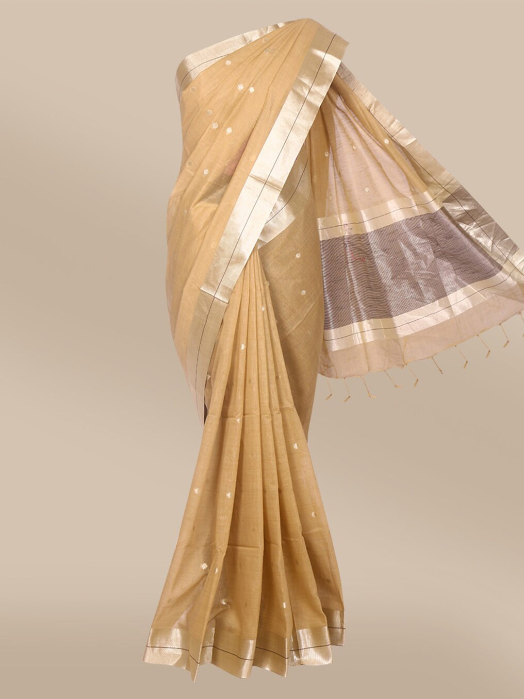 

The Chennai Silks Khaki & Gold-Toned Woven Design Zari Saree