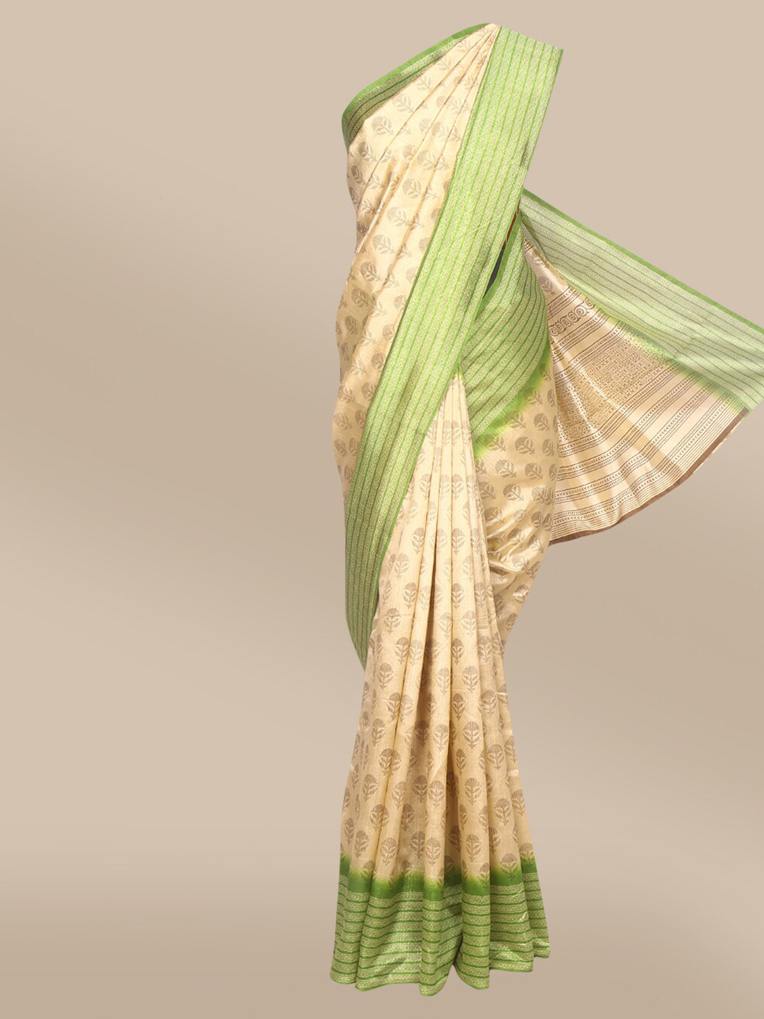 

The Chennai Silks Beige & Green Floral Printed Fusion Bhagalpuri Saree