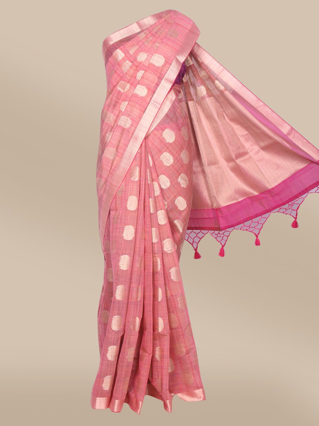 

The Chennai Silks Pink & Tan Ethnic Motifs Silk Cotton Fusion Maheshwari Saree