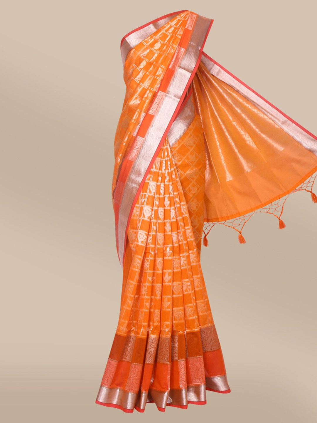

The Chennai Silks Orange & Silver-Coloured Checked Zari Silk Cotton Maheshwari Saree